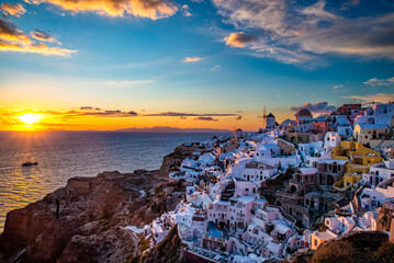 Sunset in Oia town on Santorini island - 617545242