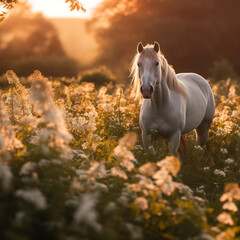 Obraz na płótnie Canvas Full body shot of a horse grazing in a field full of flowers during golden hour at sunset. 