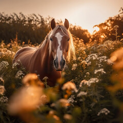   Full body shot of a horse grazing in a field full of flowers during golden hour at sunset. 