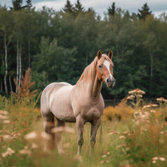 Obraz na płótnie Canvas Full body shot of a horse grazing in a field full of flowers.