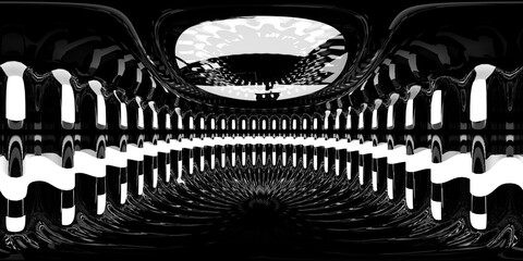 3D Illustration; CGI modeling; HDRI; 360º view panoramic, interior studio black and white lighting