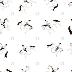 Seamless black and white vector pattern, young riders on horses and ponies