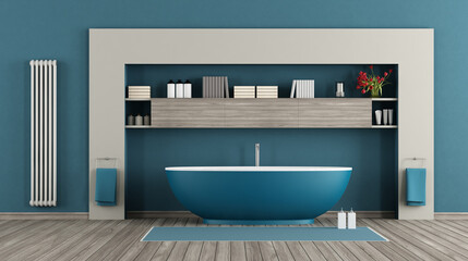 Obraz na płótnie Canvas Blue modern bathroom with bathtub,shelves and vertical radiator - 3d rendering