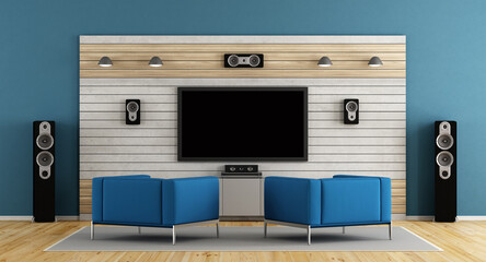 Blue living room with home cinema system and two armchair- 3d rendering