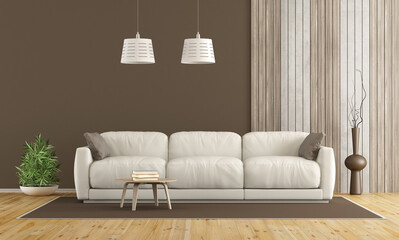 White sofa in modern living room with concrete and wooden paneling - 3d rendering