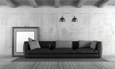 Concrete living room with black sofa and blank frame - 3d rendering