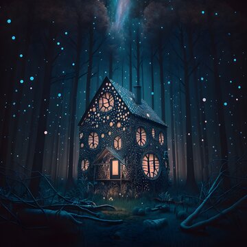 A house in a forest clearing its skin like silk with a delicate pattern of spots and stripes that seemed to shimmer in the night 8K colorful lighting vivid ultra details surreal photography 