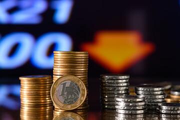 stack of currencies on a graph, concept of economic collapse, falling financial graph, falling stock market, inflation, financial crisis, falling GDP income, capital reduction