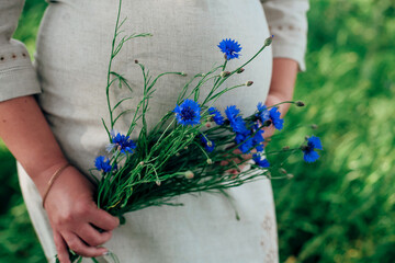 A pregnant woman holds blue flowers near her tummy. Pregnancy. Waiting. Nature. High quality photo