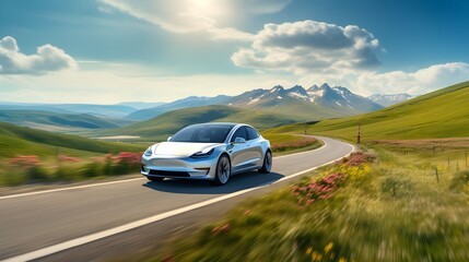 Electric car driving on a highway in the summer, mountains in the background - obrazy, fototapety, plakaty