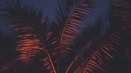 neon-lit palm leaves: close-up of vibrant textures in a dark junglev