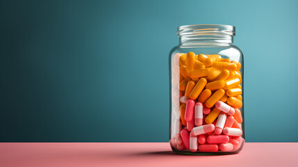Colorful supplement pills in jar, ai generative