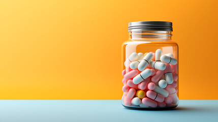 Colorful supplement pills in jar, ai generative