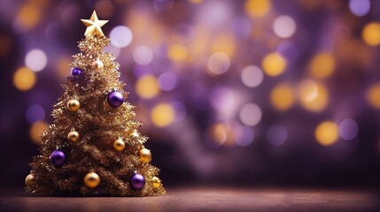 Fototapeta na wymiar Christmas tree with blurry purple background with space for text