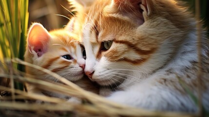 A Captivating Scene of Motherly Love and Innocence Between a Cat and her Kitten