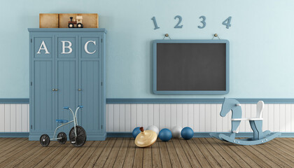 Retro child playroom with blue cabinet, blackboard and toys - 3d rendering