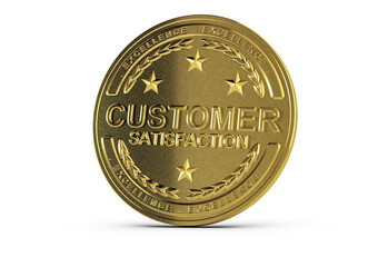 One golden customer satisfaction medal over white background. Concept of CRM, Customer Relaionship Management. 3D illustration
