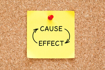 Cause Effect arrows concept written on yellow sticky note pinned on bulletin cork board.