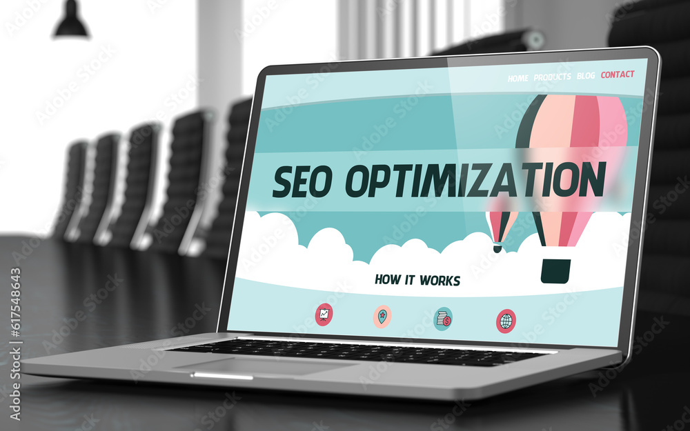 Poster seo optimization concept. closeup of landing page on mobile computer screen in modern meeting hall. 