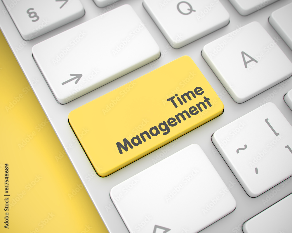 Poster online service concept: time management on the conceptual keyboard lying on the yellow background. t