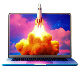 Rocket on laptop screen on PNG transparent background, startup concept, digital illustration. Generative AI