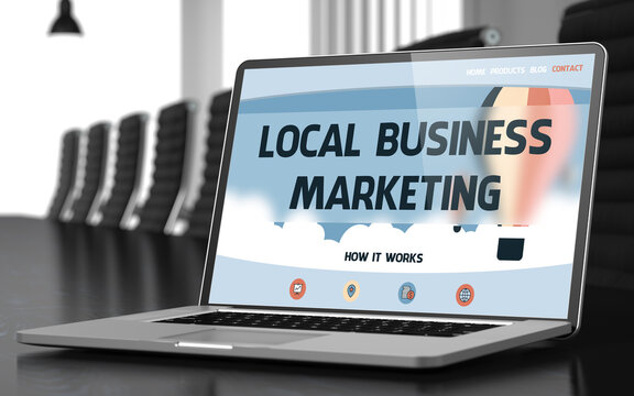 Local Business Marketing. Closeup Landing Page on Mobile Computer Display. Modern Conference Hall Background. Toned Image. Selective Focus. 3D Illustration.