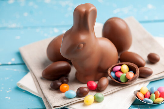 Delicious seasonal chocolate Easter bunny, eggs and sweets