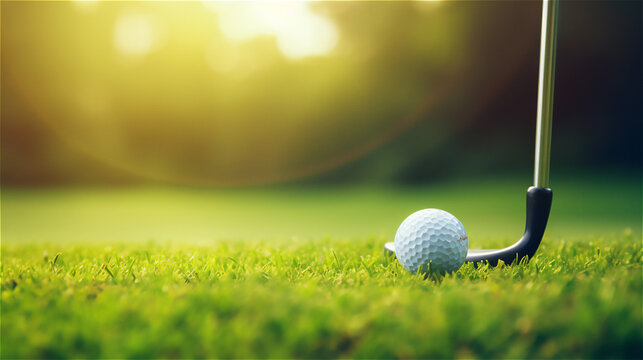 Close up view of Golf Club and Golf Ball on Green Meadow. Illustration Sports picture. Generative AI