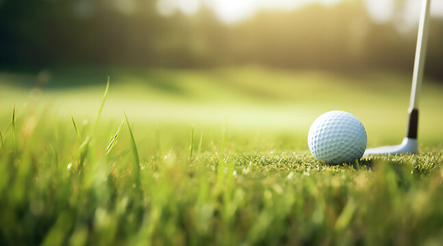 Close up view of Golf Club and Golf Ball on Green Meadow. Illustration Sports picture. Generative AI