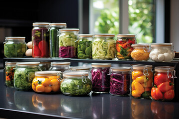 Fototapeta na wymiar Visually appealing arrangement of assorted vegetables neatly stored in glass containers