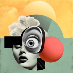 Surreal contemporary art abstract collage. Creative poster background with woman's face. Generative AI