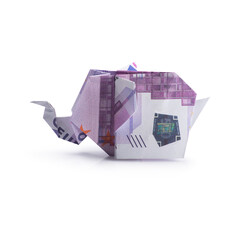 origami elephant from banknoteson a white background
