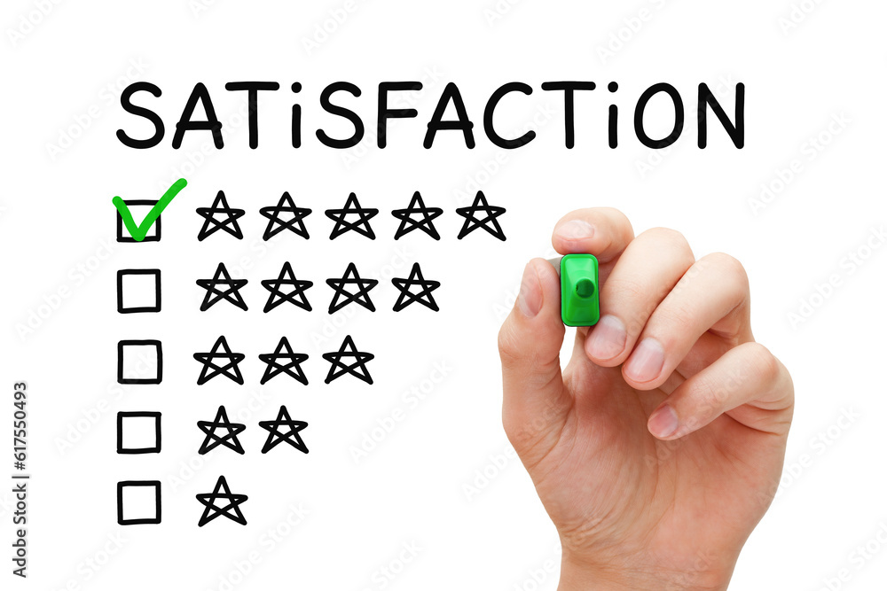 Poster hand putting check mark with green marker on five stars in customer satisfaction checklist form.