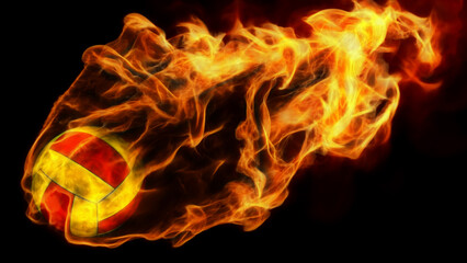 3d illustration of burning volleyball attack. isolated on black. © Designpics
