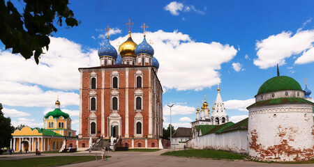 View of architectural ensemble of Ryazan Kremlin with churches and cathedrals in sunny day, Russia.