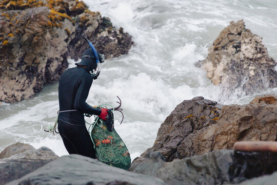 Pescador artesanal vestido de buzo sobre las rocas del mar, pesca artesanal, buceo.