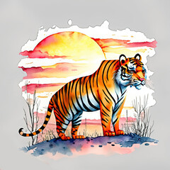 watercolor Sunset with tiger clipart vector flat color 2d style white background
