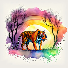 watercolor Sunset with tiger clipart vector flat color 2d style white background