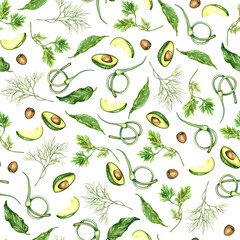Obraz premium Seamless pattern, avocado, spices, watercolor hand drawn. For design, fabric, packaging, food and kitchen, cafe and restaurant towels.