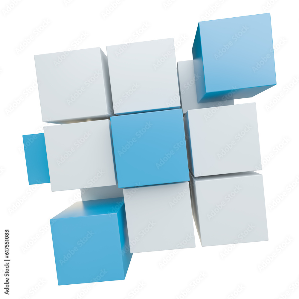 Poster abstract 3d illustration of cube assembling from blocks. isolated on white. template for your design