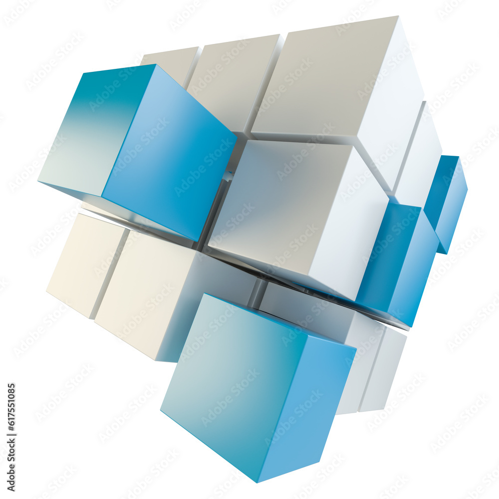 Poster abstract 3d illustration of cube assembling from blocks. isolated on white. template for your design