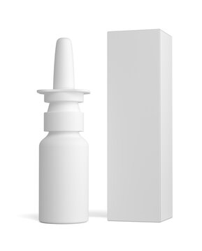 Spray nasal plastic bottle and tall white paper box for medical packaging mock up. 3D illustration