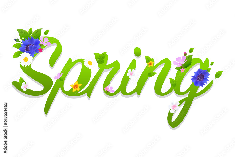 Poster spring text with gradient mesh, vector illustration