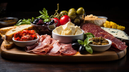 Fototapeta na wymiar A board of assorted antipasto, featuring cured meats, olives, marinated vegetables, and artisanal bread