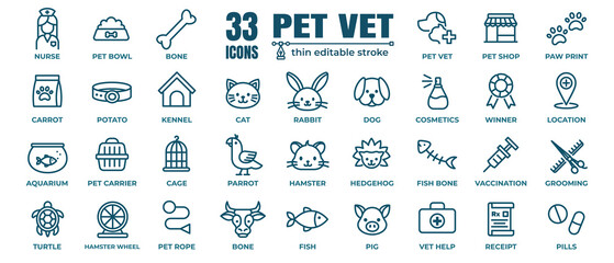 Pet, veterinary, pet shop, types of pets - minimal thin line web icon set. Outline icons collection. Simple vector illustration.
