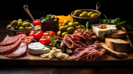 A board of assorted antipasto, featuring cured meats, olives, marinated vegetables, and artisanal bread