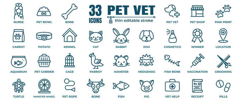 Pet, veterinary, pet shop, types of pets - minimal thin line web icon set. Outline icons collection. Simple vector illustration.