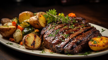 A plate of tender and juicy grilled steak with a side of roasted potatoes and sautéed vegetables