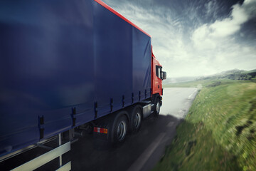 Blue truck on the road with the natural landscape . 3D Rendering