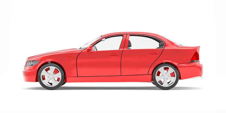 Brandless Generic Red Car. Side View. Isolated On White Background. 3D Illustration